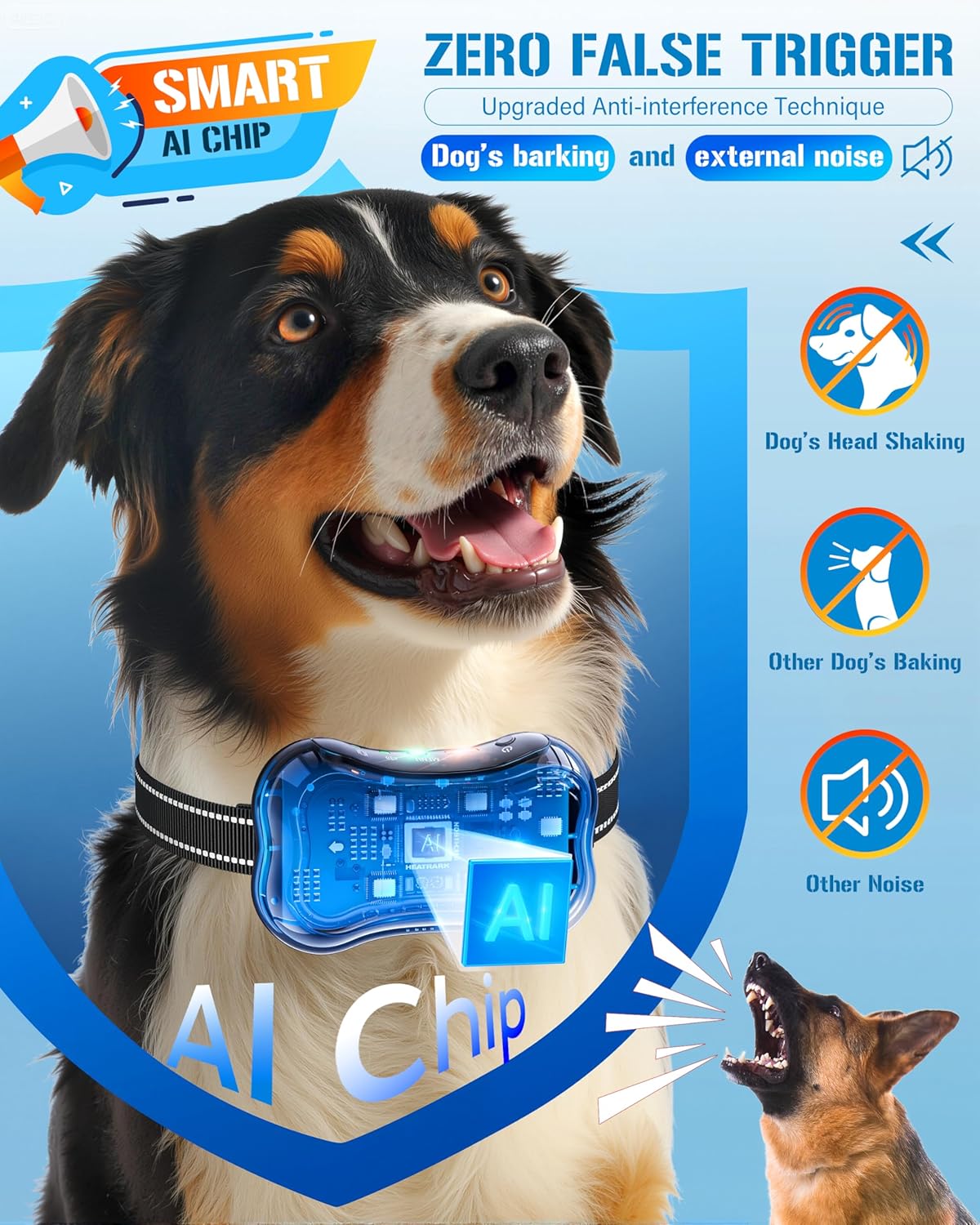 Dog wearing a collar with an 'AI Chip' label, set against a blue background with text about noise suppression technology at Pet Servo