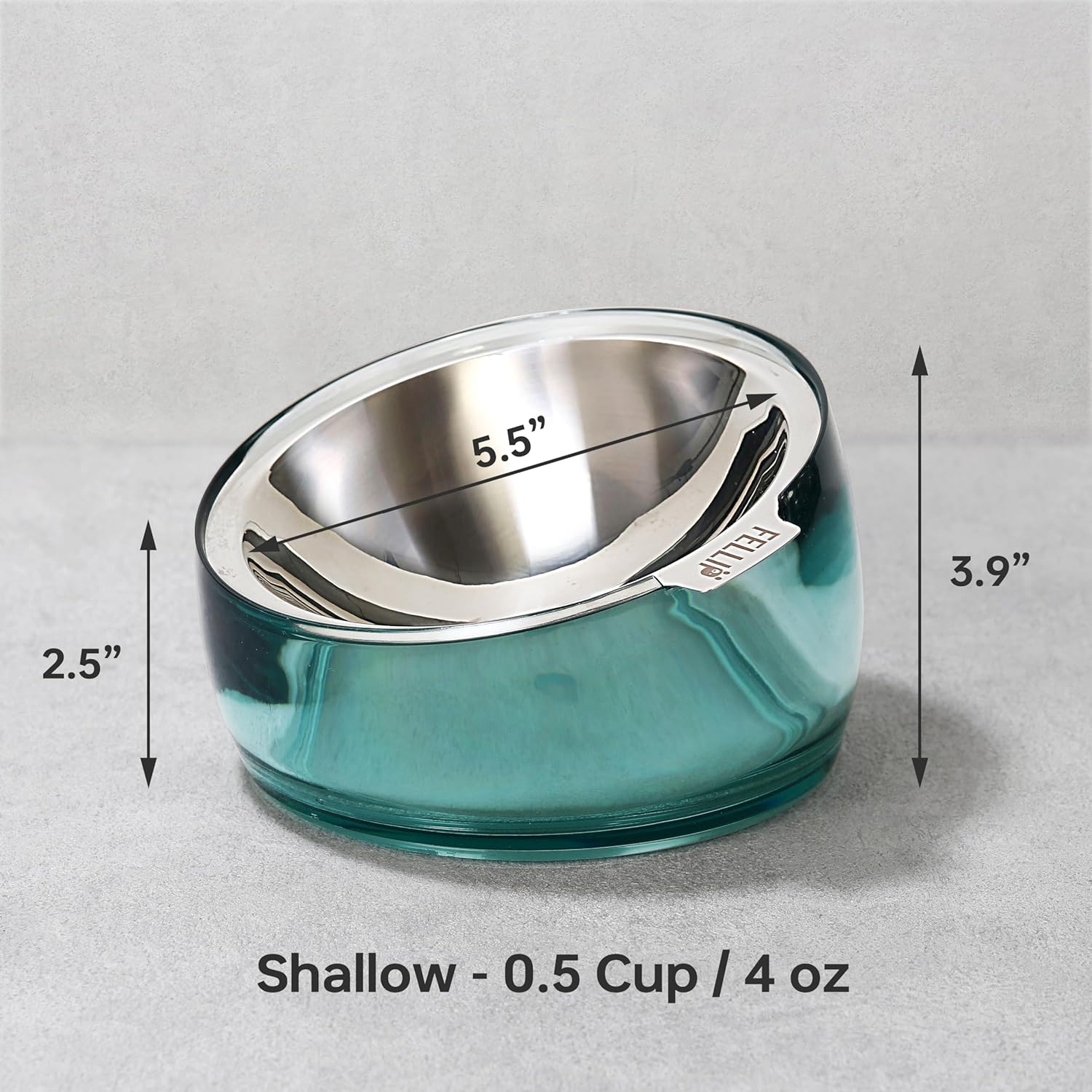 Teal glass pet bowl with metal rim and measurements on a gray background at Pet Servo