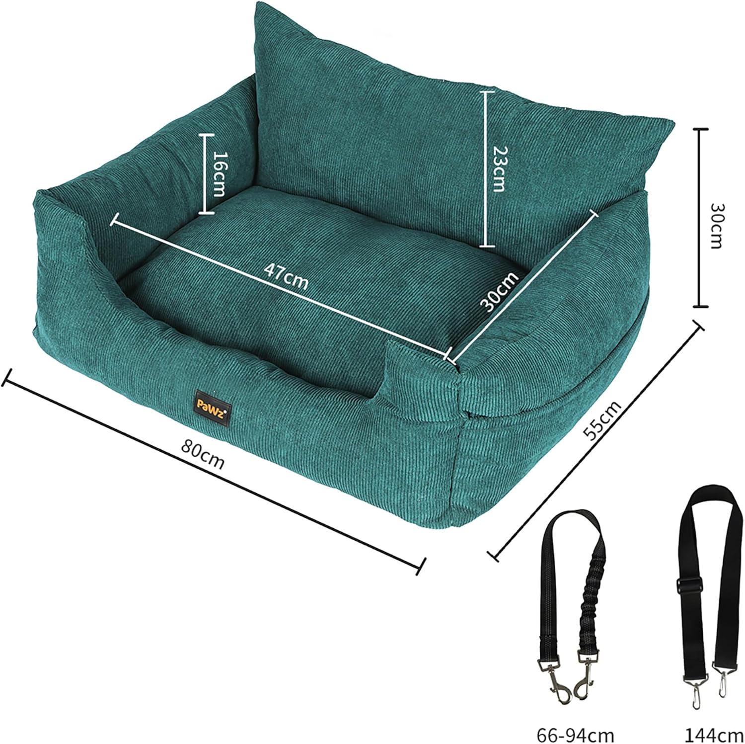 Teal pet bed with straps and measurements on a white background at Pet Servo