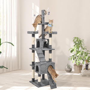 Cat tree with multiple levels and a cat climbing on it in a room with plants at Pet Servo