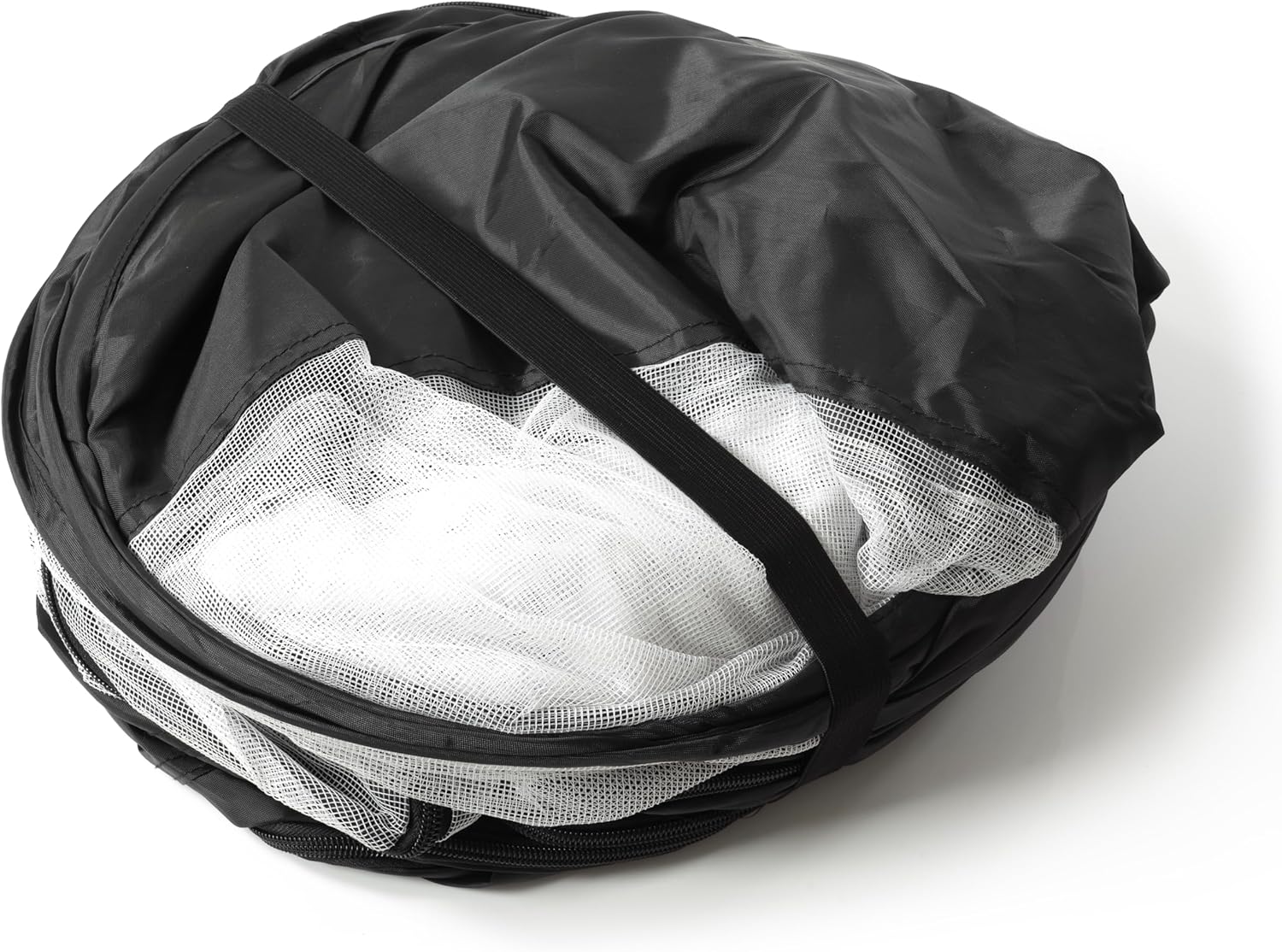 Black round storage bag with mesh interior on a white background at Pet Servo