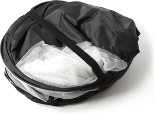 Black round storage bag with mesh interior on a white background at Pet Servo