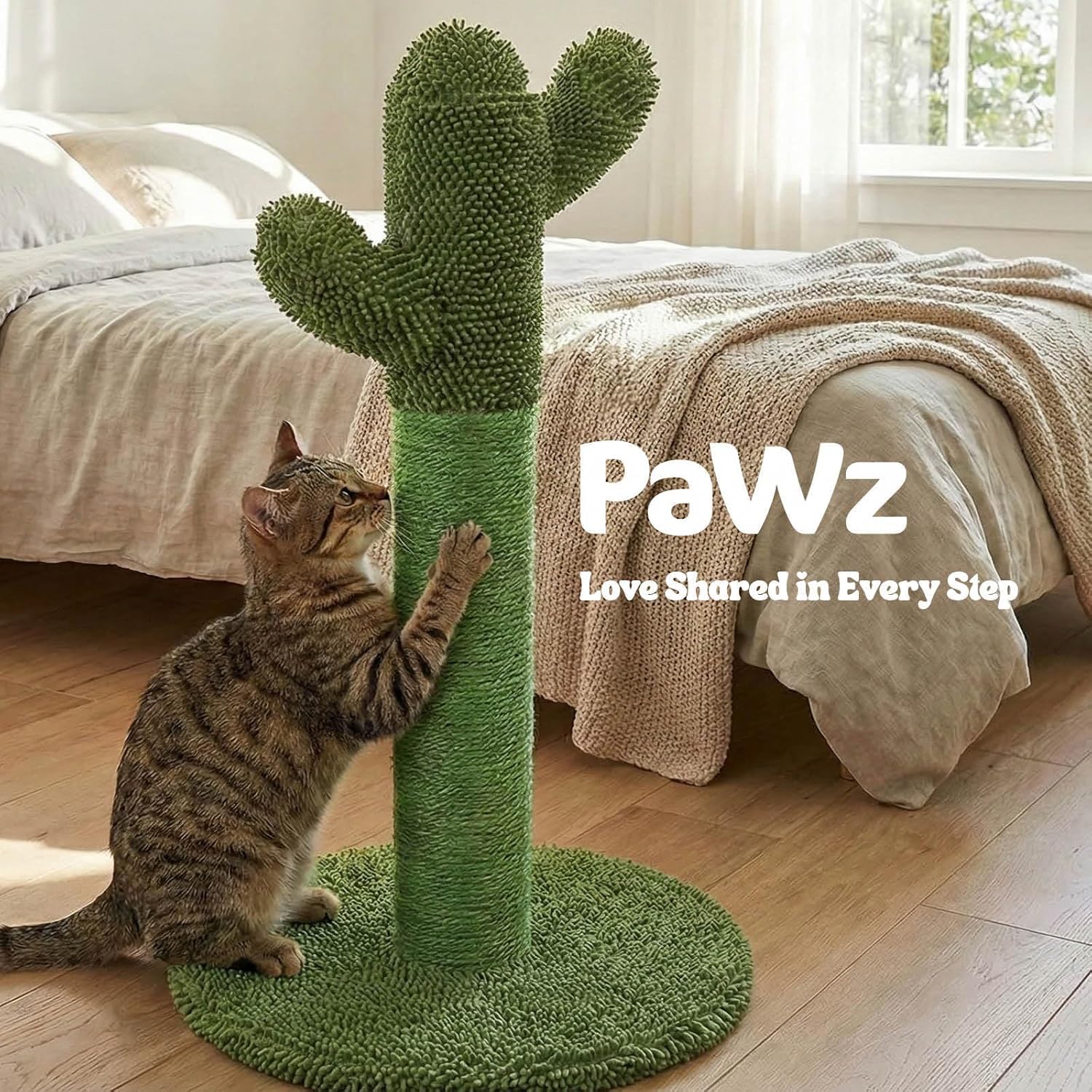 Cat playing with a green cactus-shaped cat tree in a bedroom setting, with 'PaWz' branding at Pet Servo