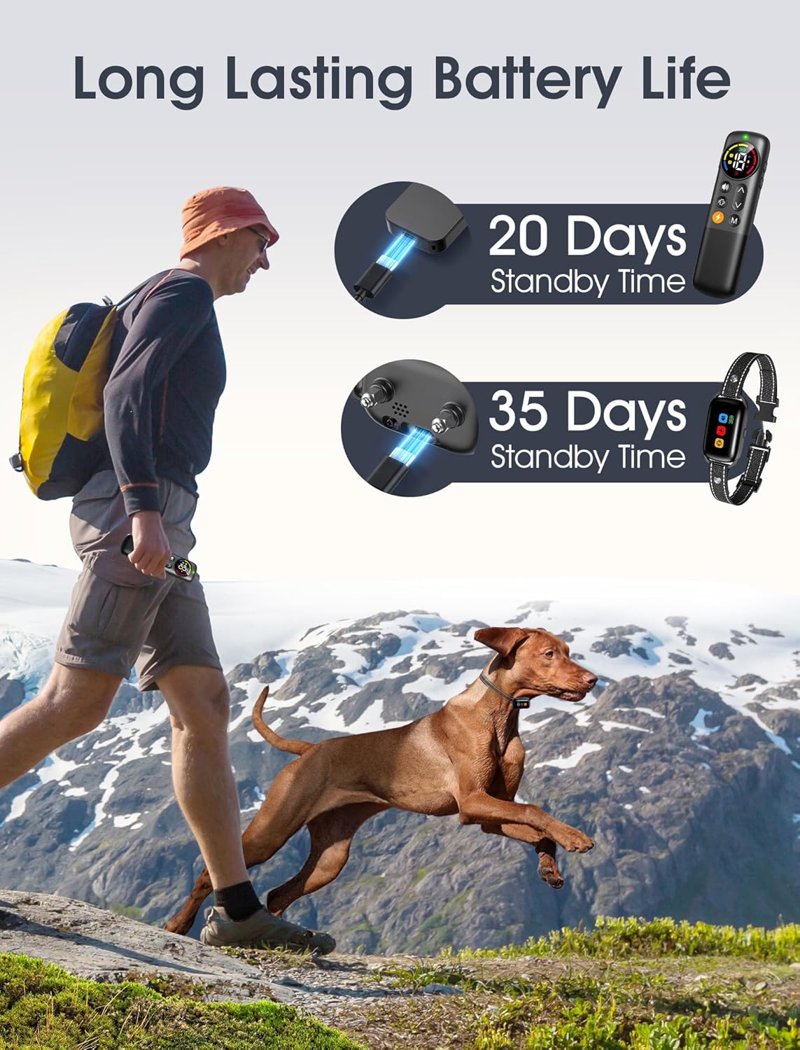 Man walking a dog with electronic devices on, highlighting battery life on a mountainous background at Pet Servo