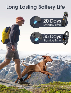 Man walking a dog with electronic devices on, highlighting battery life on a mountainous background at Pet Servo