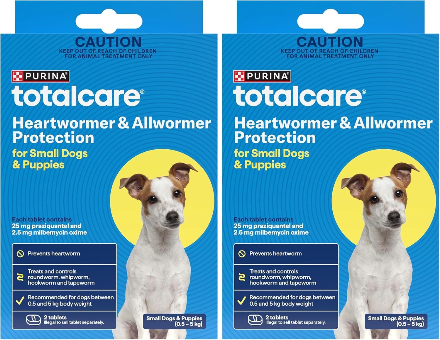 Two packages of Purina Totalcare Heartworm & Allwormer Protection for small dogs and puppies on a white background at Pet Servo