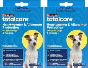 Two packages of Purina Totalcare Heartworm & Allwormer Protection for small dogs and puppies on a white background at Pet Servo
