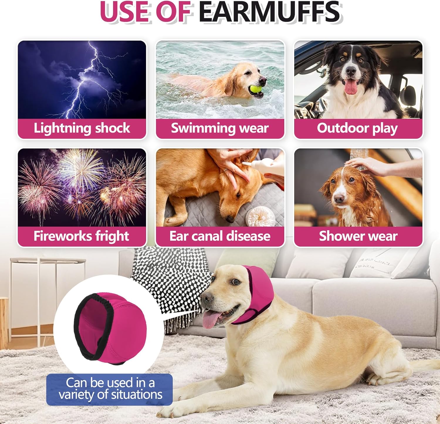 Dog wearing a pink ear muff with various scenarios shown above it on a living room background at Pet Servo