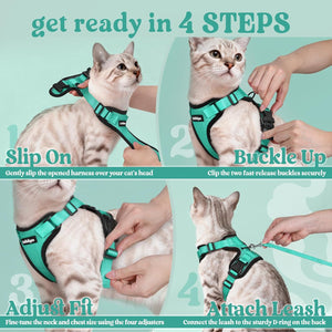 Step-by-step guide on how to put on a teal cat harness with text instructions at Pet Servo