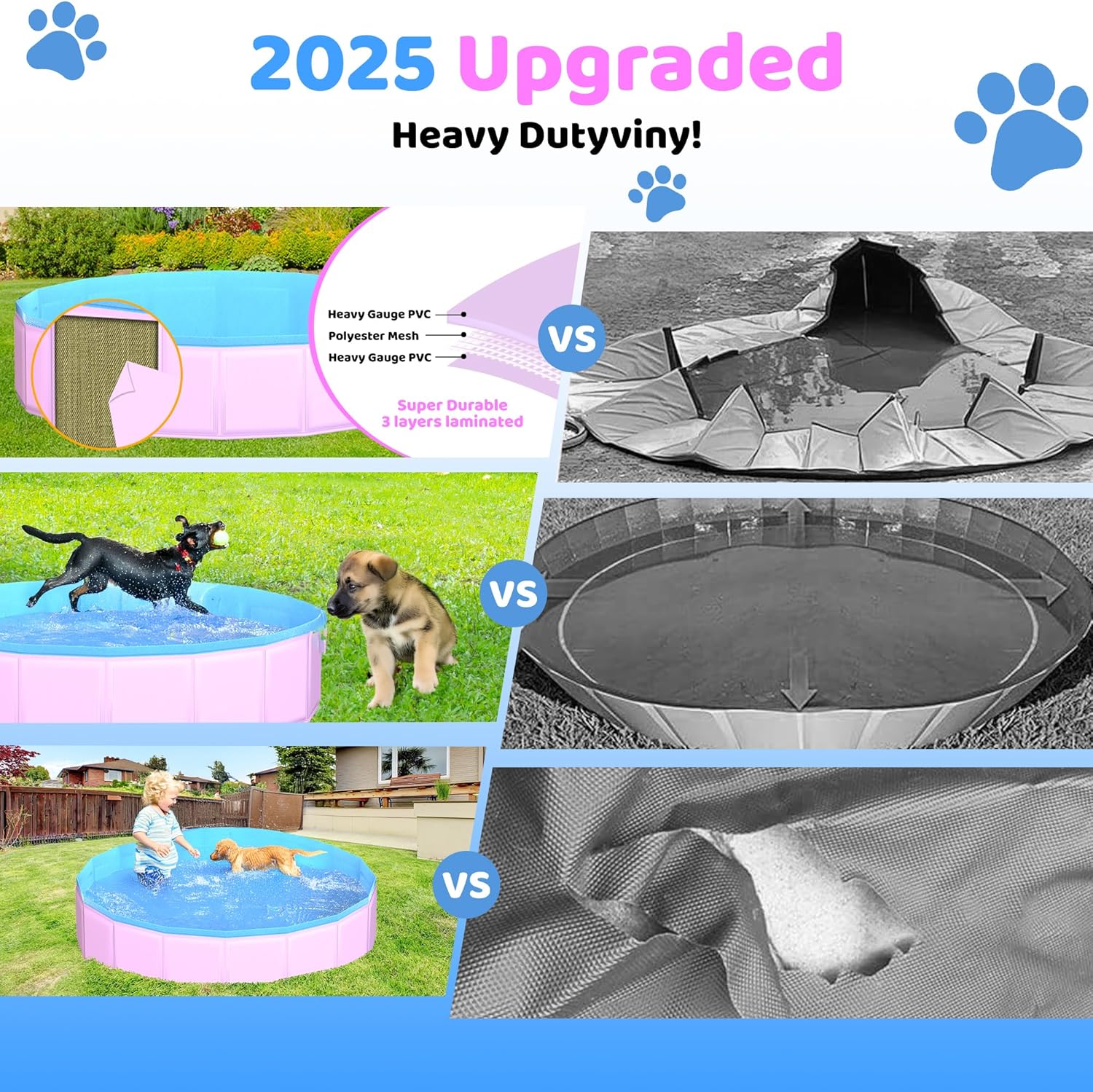 Comparison of a 2025 upgraded heavy-duty vinyl pool with a traditional pool, showing durability and usage scenarios at Pet Servo