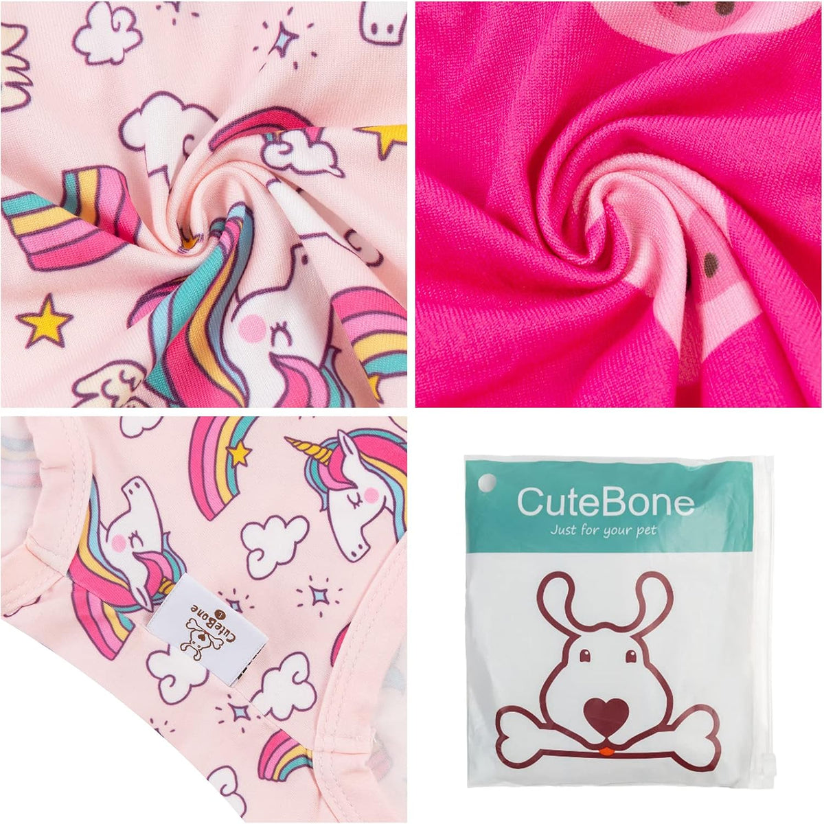 A collage showing a pink pet garment or accessory with a unicorn and rainbow print, close-up fabric texture shots, and a packaged item labeled CuteBone at Pet Servo