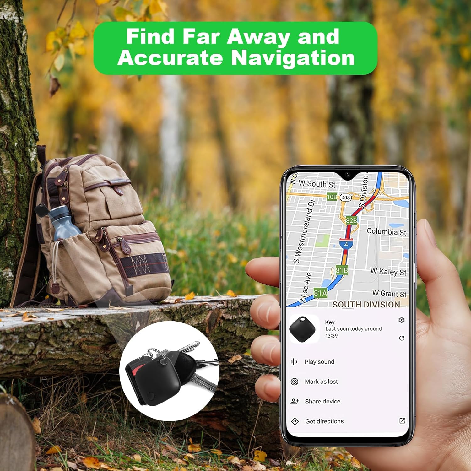 Person holding a smartphone with navigation app in a forest setting, next to a backpack at Pet Servo
