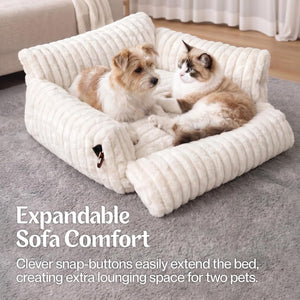 Two dogs on a large white expandable pet bed with text describing its features at Pet Servo