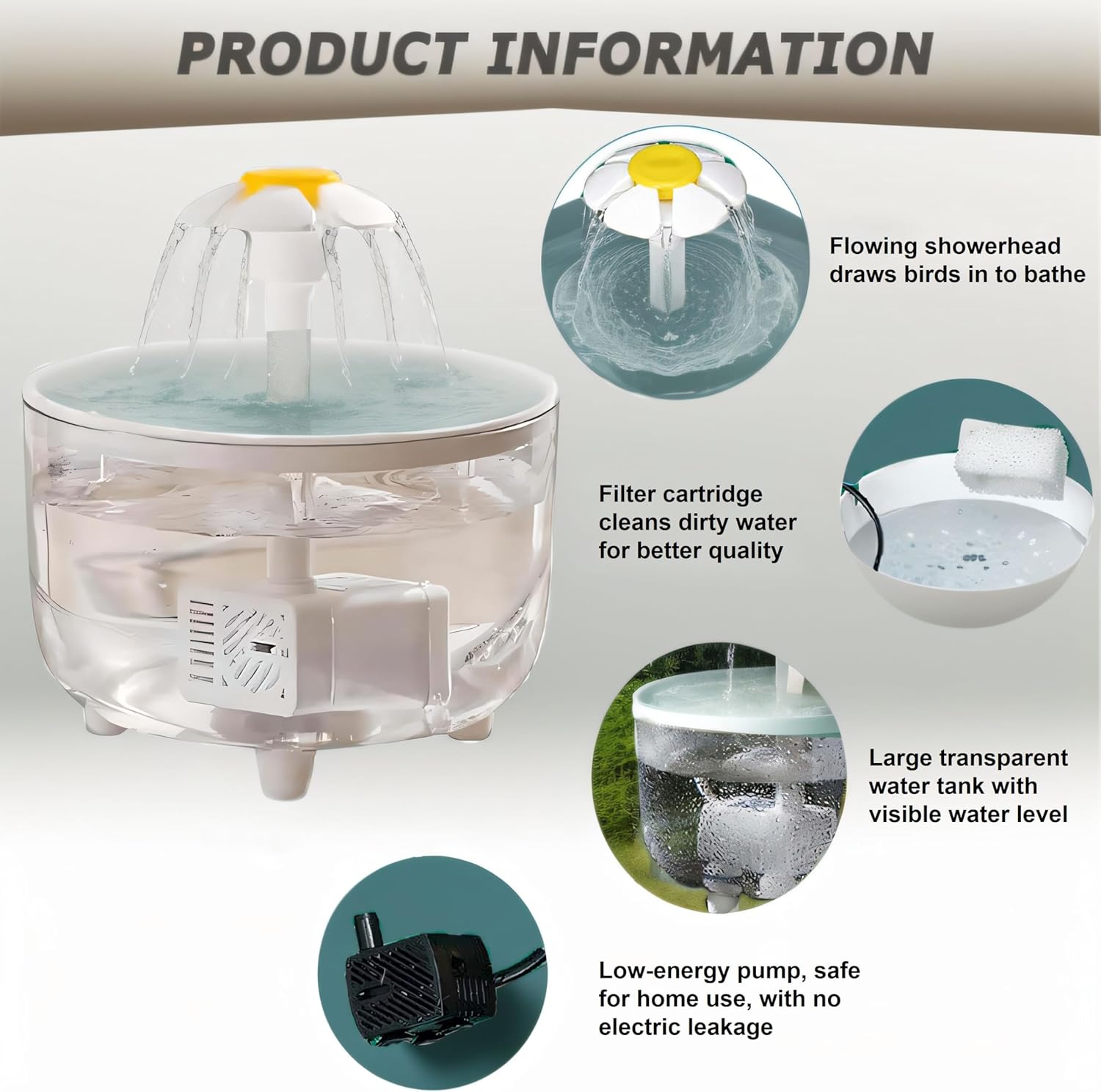 Pet water fountain with features highlighted on a white background at Pet Servo