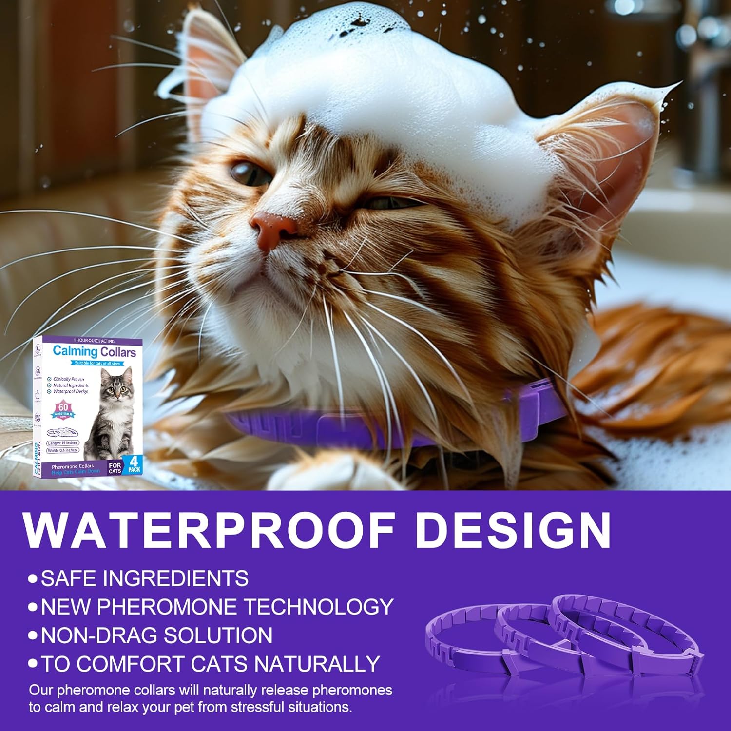 Cat with a purple collar and bath sponge on head, with text about a calming collar's features at Pet Servo
