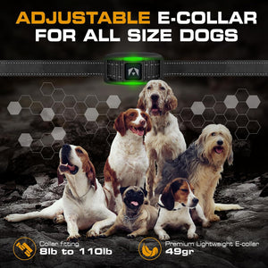 Adjustable e-collar for dogs with a group of dogs and product details on a dark background at Pet Servo