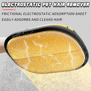 Yellow electrostatic pet hair remover with hair adsorbed on it against a light gray background at Pet Servo