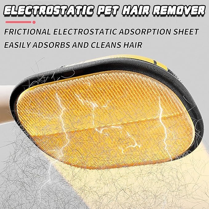 Yellow electrostatic pet hair remover with hair adsorbed on it against a light gray background at Pet Servo