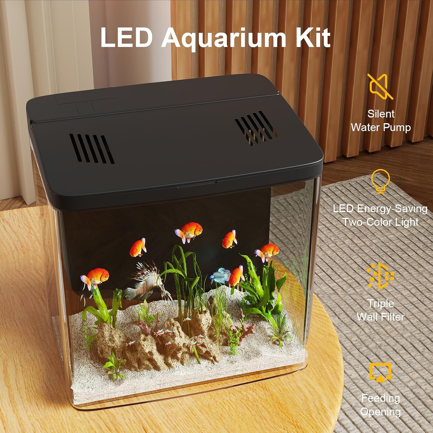 LED Aquarium Kit with fish and plants on a wooden surface at Pet Servo