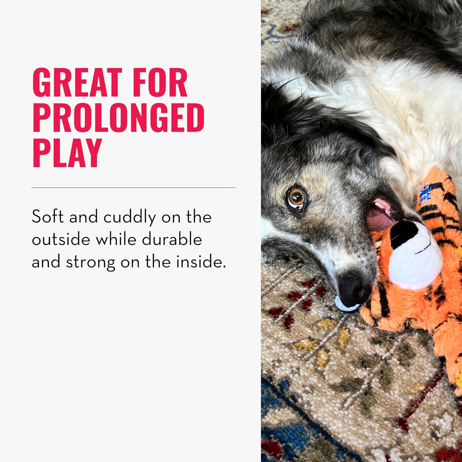 Dog playing with a plush toy on a carpeted floor, with text about the product's features at Pet Servo