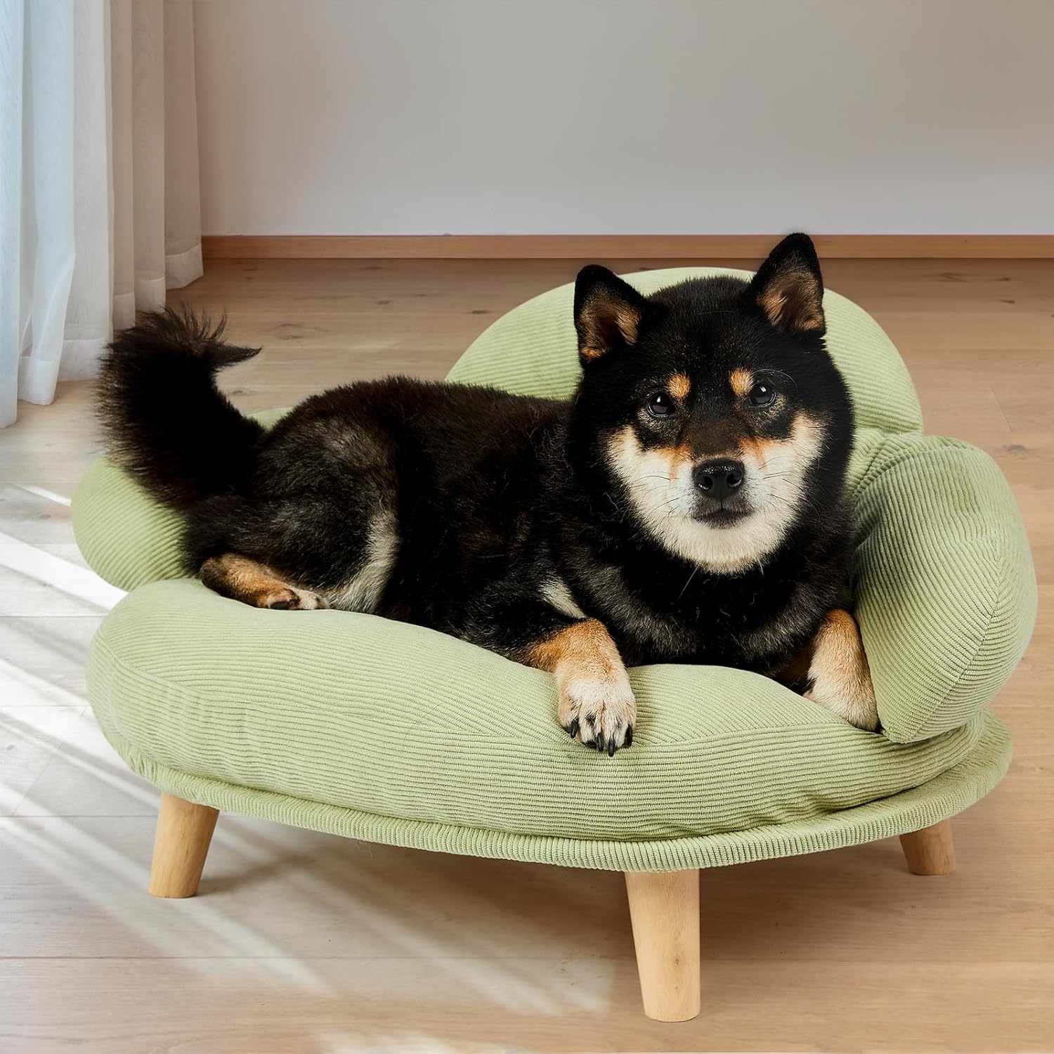 Dog lying on a green pet bed with wooden legs in a room at Pet Servo