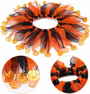 Halloween costume headband with layered orange and black tulle and hanging gold pumpkin charms, shown on a white background with two circular detail insets at Pet Servo