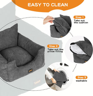 Gray pet bed with instructions on how to clean it, including taking out the cushion and pillow filling at Pet Servo