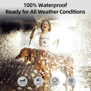 Child and dog playing in water with text '100% Waterproof Ready for All Weather Conditions' at Pet Servo