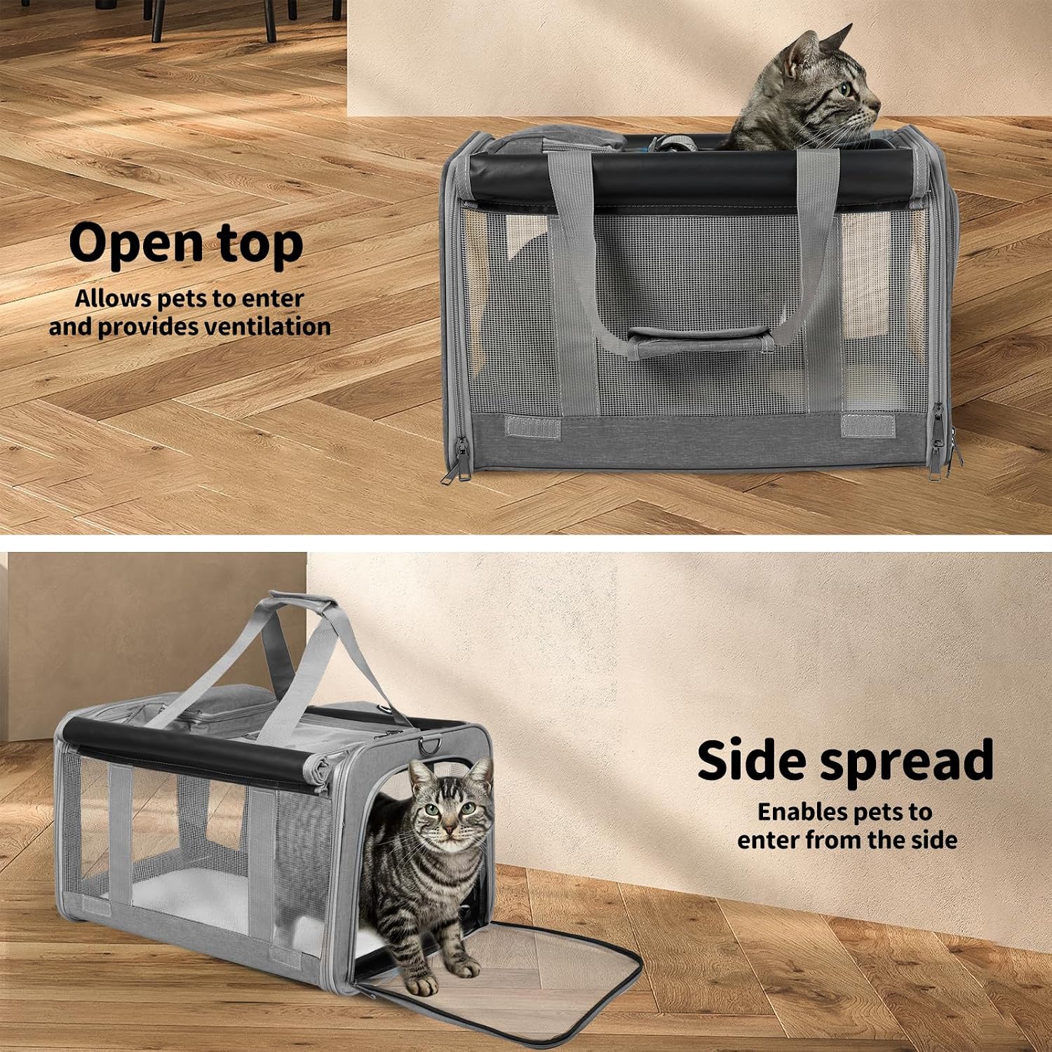 Gray pet carrier with mesh sides and handles, shown in two views on a wood floor: one with a cat sitting inside and the text 'Open top Allows pets to enter and provides ventilation,' and one with a cat stepping out and the text 'Side spread Enables pets to enter from the side.' at Pet Servo