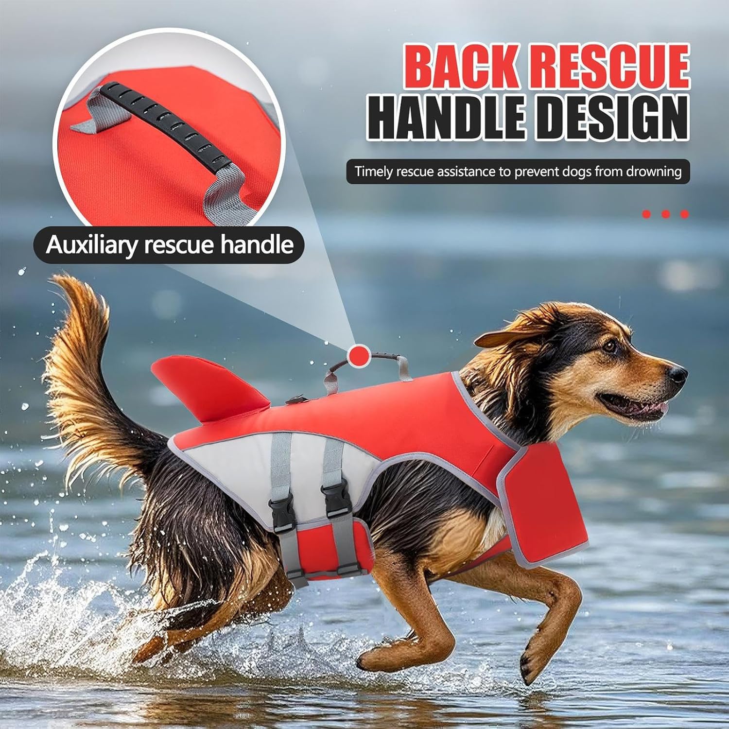 Dog wearing a red and gray life jacket with a back rescue handle design, running in water at Pet Servo