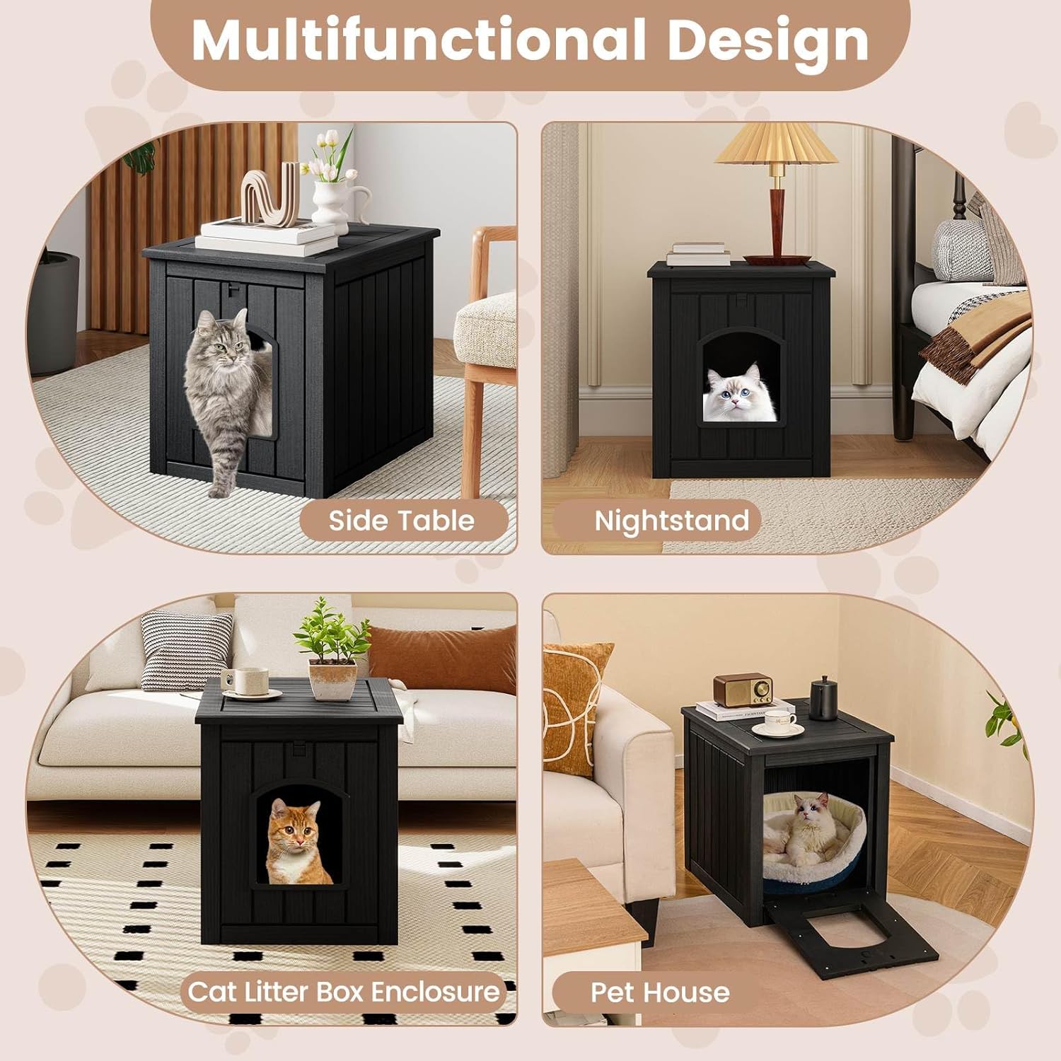 Multifunctional pet furniture with cat litter box enclosure, side table, nightstand, and pet house features at Pet Servo