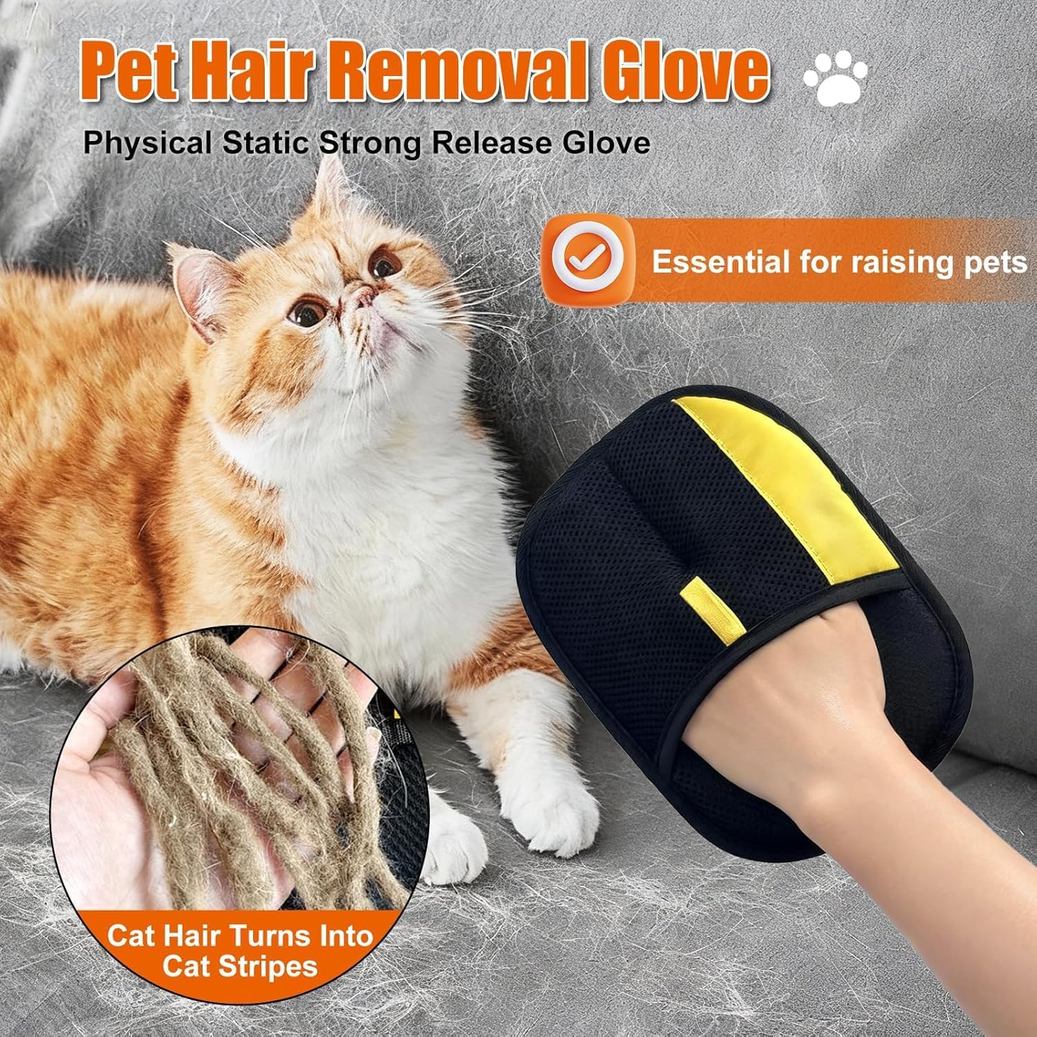 Pet hair removal glove with a cat and close-up of hair removal on a gray surface at Pet Servo