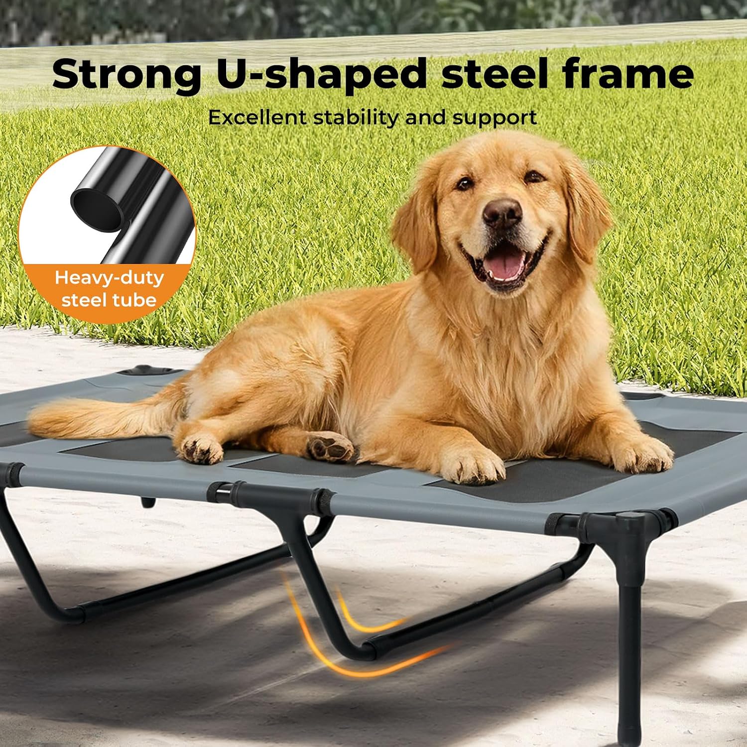 Dog lying on a pet bed with a U-shaped steel frame, grass background