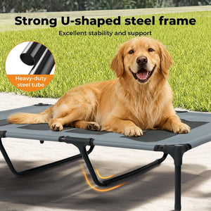 Dog lying on a pet bed with a U-shaped steel frame, grass background