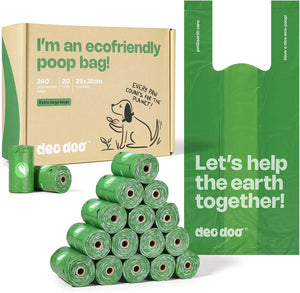 Dog waste bags with packaging and promotional text on a white background at Pet Servo