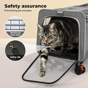 Gray pet carrier with a cat inside and a flap door, shown with feature callouts including reinforced base plate and safety clip. Text at top reads 'Safety assurance Preventing pet escapes' at Pet Servo