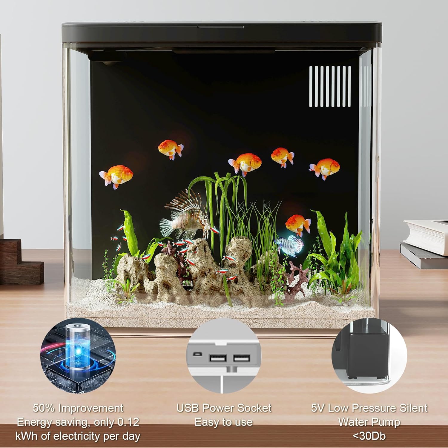 Small aquarium with fish and plants on a wooden surface, featuring energy-saving and USB power socket features at Pet Servo