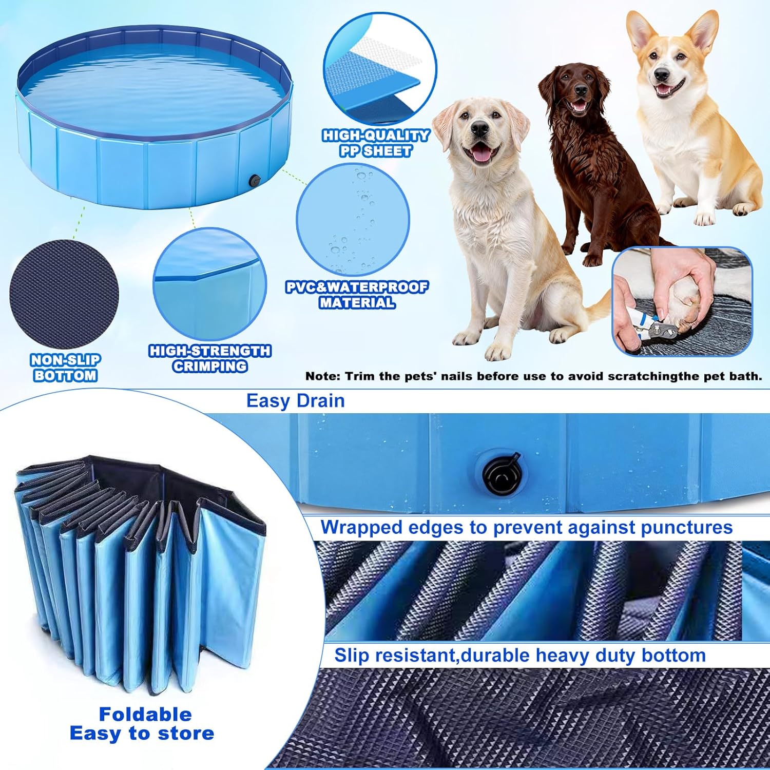 Beslike - Foldable Swimming Pool, Extra Large 160×30 cm Bathtub for Pets Indoor Outdoor Backyard Use