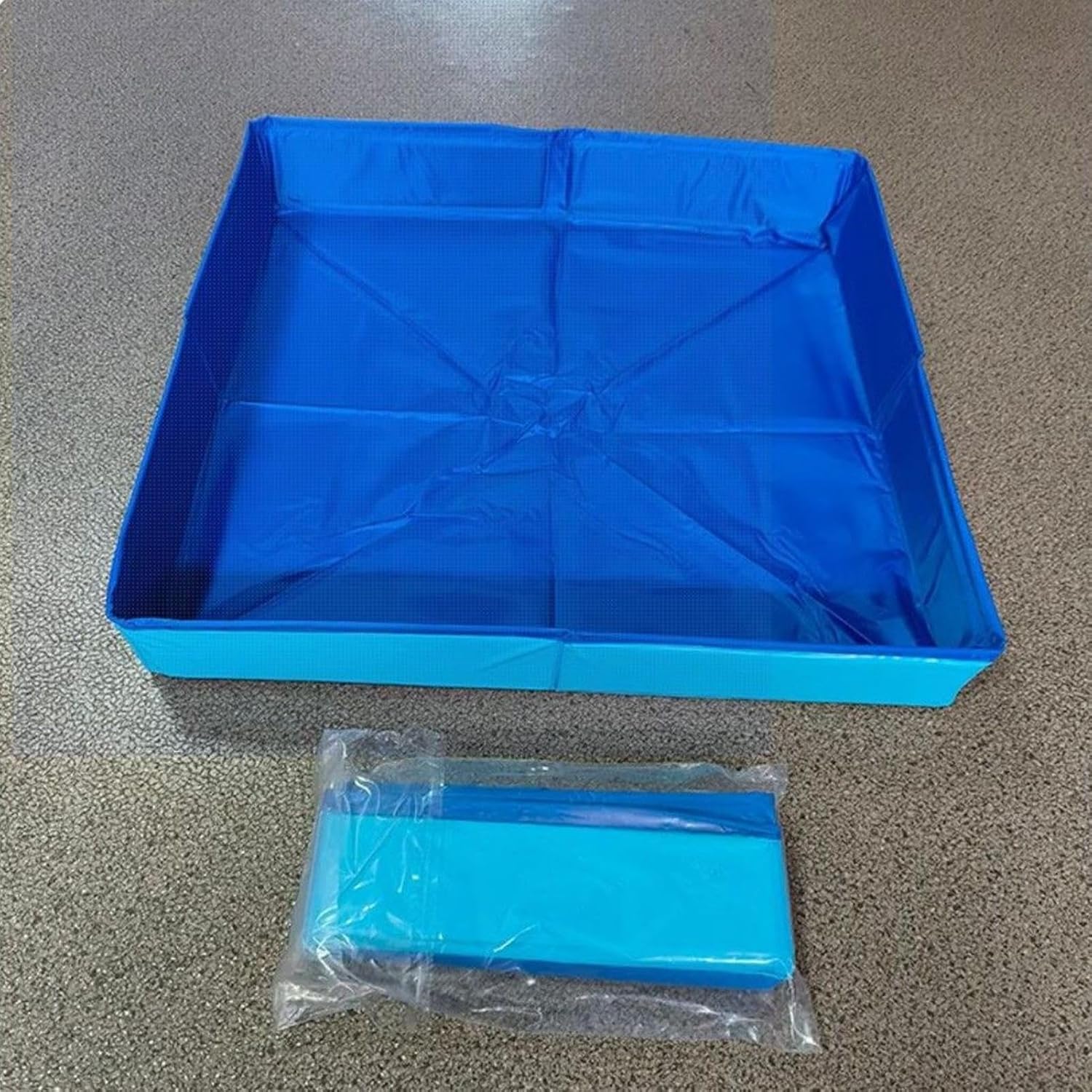 Blue plastic tray with a smaller blue sheet on a gray surface at Pet Servo