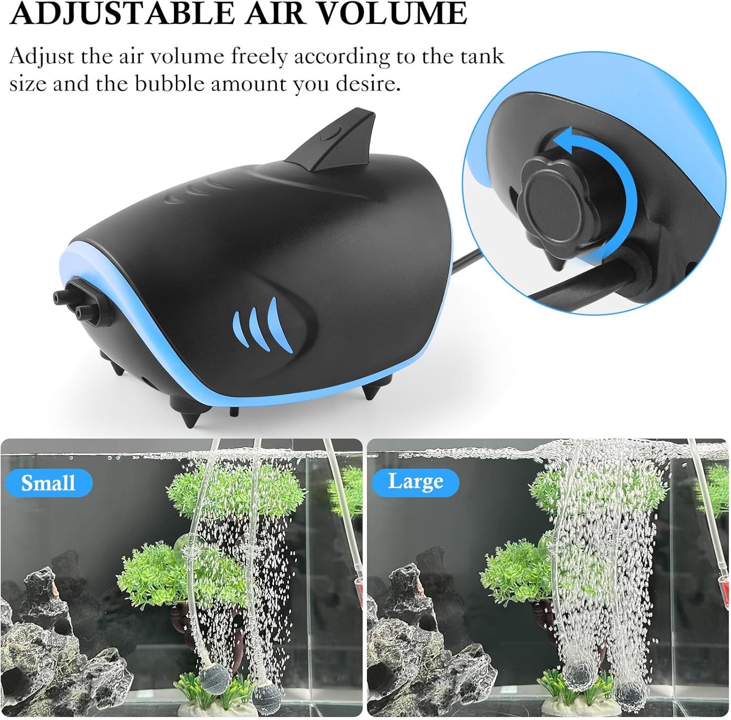 Black adjustable air pump for aquariums with close-up details and tank size comparison at Pet Servo