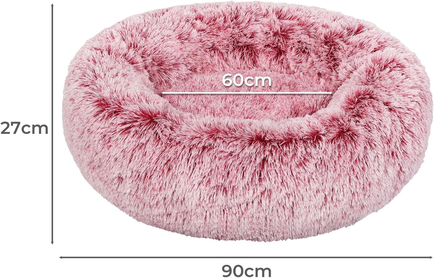Pink fluffy pet bed with measurements on a white background at Pet Servo