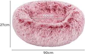 Pink fluffy pet bed with measurements on a white background at Pet Servo