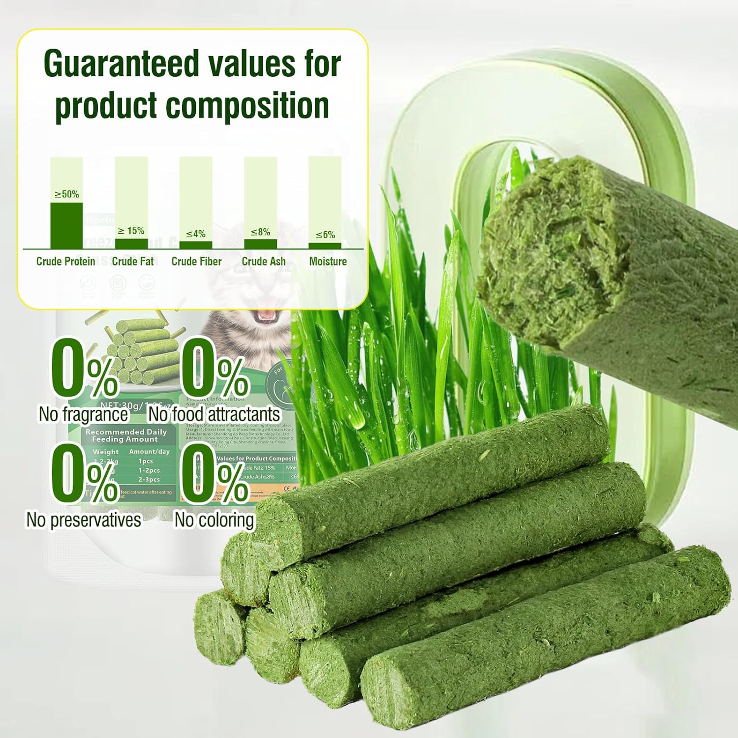 Green pet treats with nutritional information and allergen declarations on a white background at Pet Servo