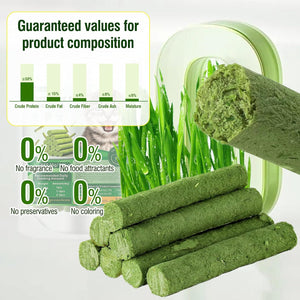 Green pet treats with nutritional information and allergen declarations on a white background at Pet Servo