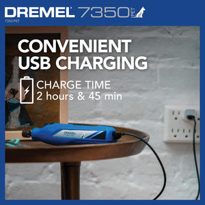 Dremel 7350-PET drill being charged via USB on a wooden surface with text about charging time.