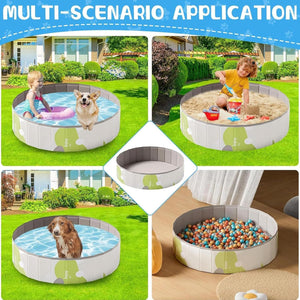 Collage of a portable pet pool used for various activities including playing with children and pets, and containing balls indoors at Pet Servo