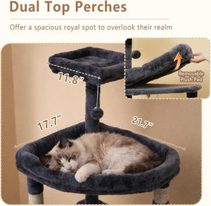 Cat tree with dual top perches and measurements, featuring a cat resting on it at Pet Servo