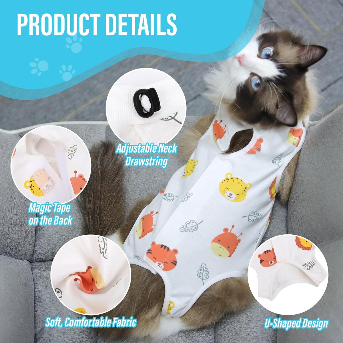 Viiotu - Soft Post-Surgery Recovery Suit for Female Cats, Forest Animals at Pet Servo
