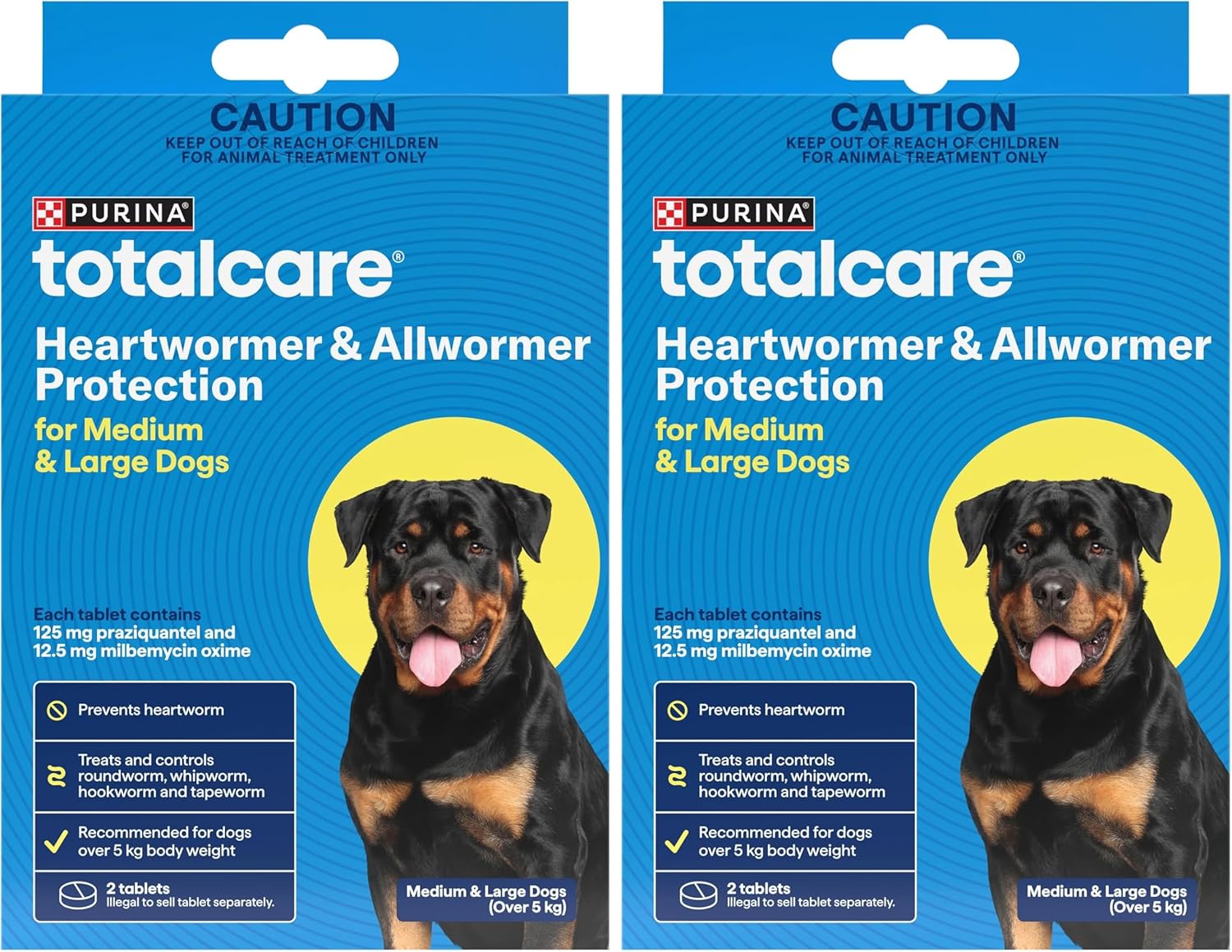 Two packages of Purina Totalcare Heartworm & Allwormer Protection for medium and large dogs on a blue background at Pet Servo
