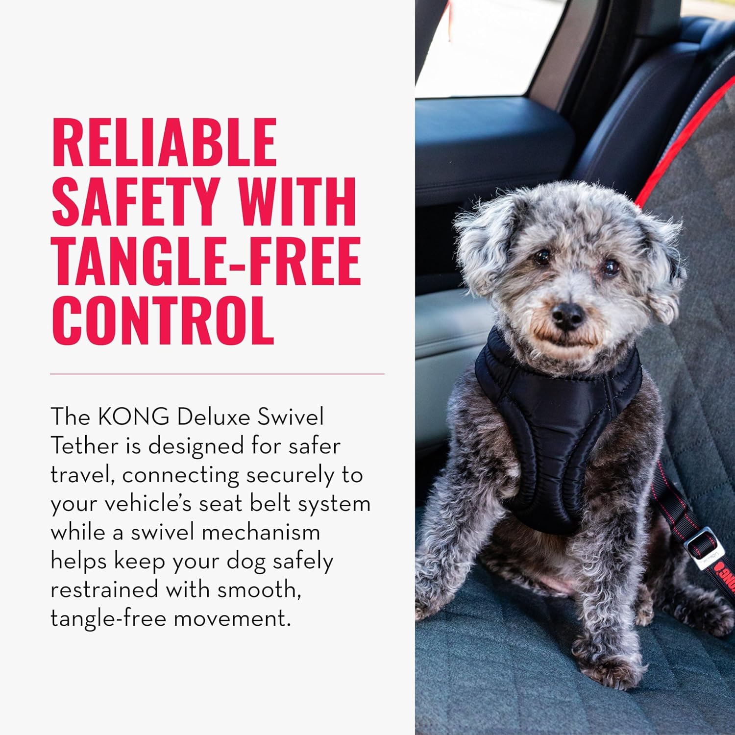 A small gray scruffy dog wearing a black KONG Deluxe Swivel Tether harness sits in a car seat with a red seat belt visible. The left side has promotional text about safe travel and tangle-free control at Pet Servo